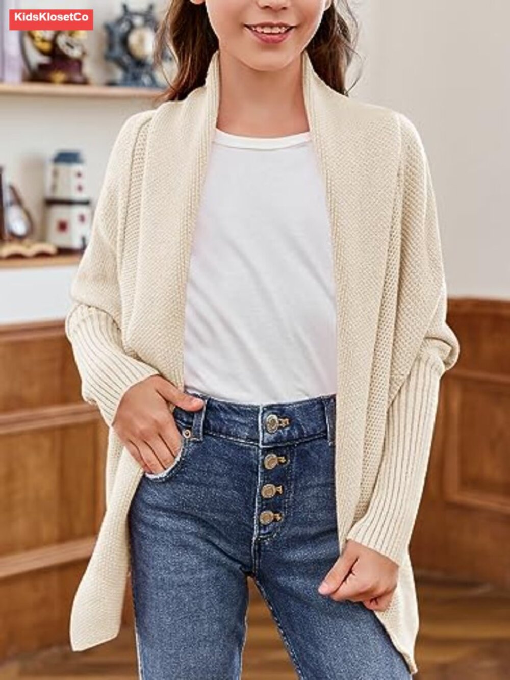 Girls Open Front Cardigan Sweaters Batwing Long Sleeve Shawl Collar Ribbed Knit - Picture 2 of 6